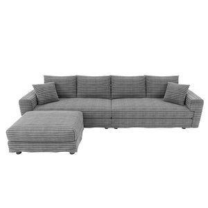 English Elm 102.4 Plush Corduroy Cloud Sofa Seats Four with Movable Ottoman for Living Room Grey W1885S00460