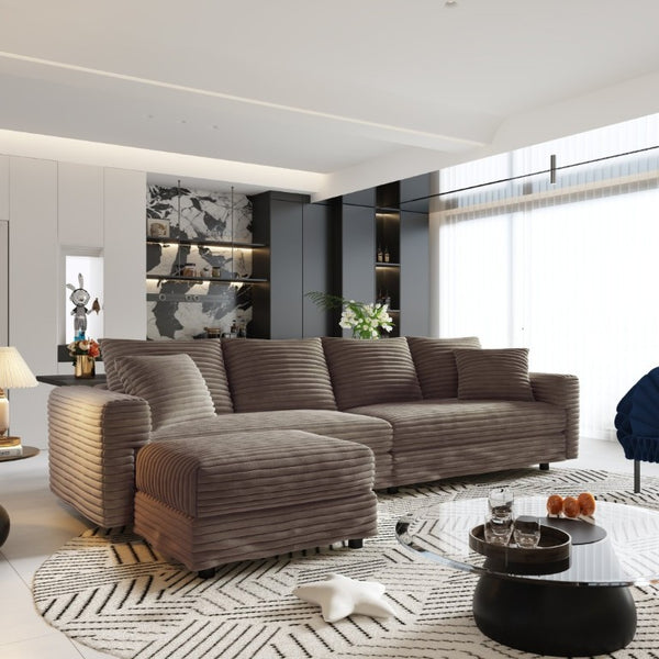 English Elm 102.4 Inch Plush Corduroy Cloud Sofa with Movable Ottoman and Deep Seat Cushions W1885S00461