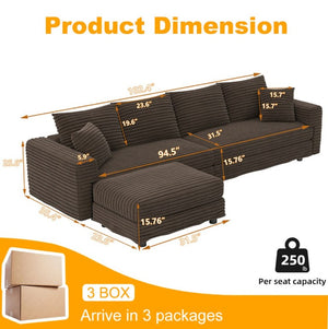 English Elm 102.4 Inch Plush Corduroy Cloud Sofa with Movable Ottoman and Deep Seat Cushions W1885S00461