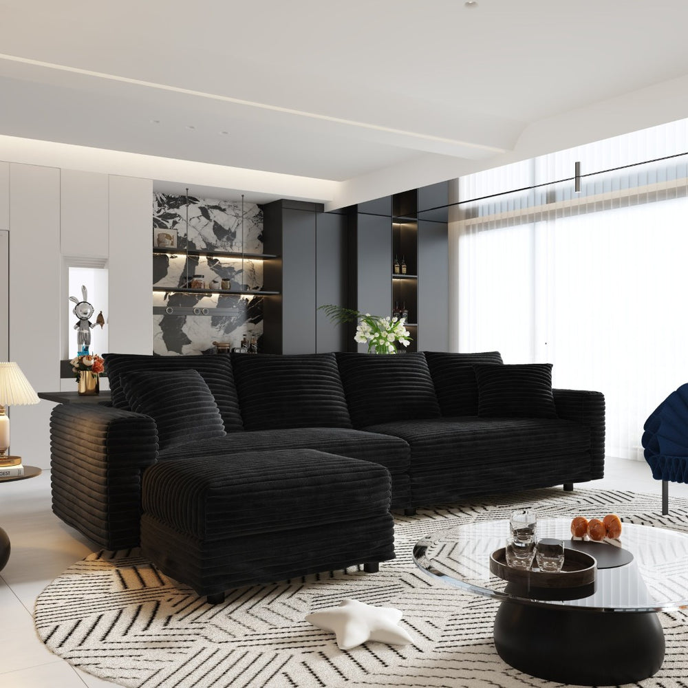 English Elm 102.4 Plush Corduroy Cloud Sofa Seats Four with Movable Ottoman for Living Room Black W1885S00463