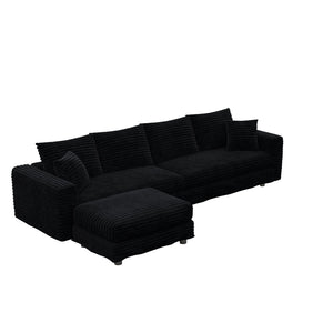 English Elm 102.4 Plush Corduroy Cloud Sofa Seats Four with Movable Ottoman for Living Room Black W1885S00463