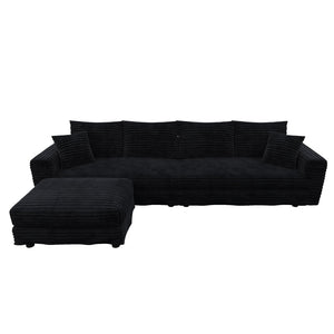 English Elm 102.4 Plush Corduroy Cloud Sofa Seats Four with Movable Ottoman for Living Room Black W1885S00463