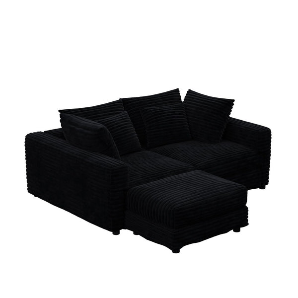 English Elm 102.4 Plush Corduroy Cloud Sofa Seats Four with Movable Ottoman for Living Room Black W1885S00463