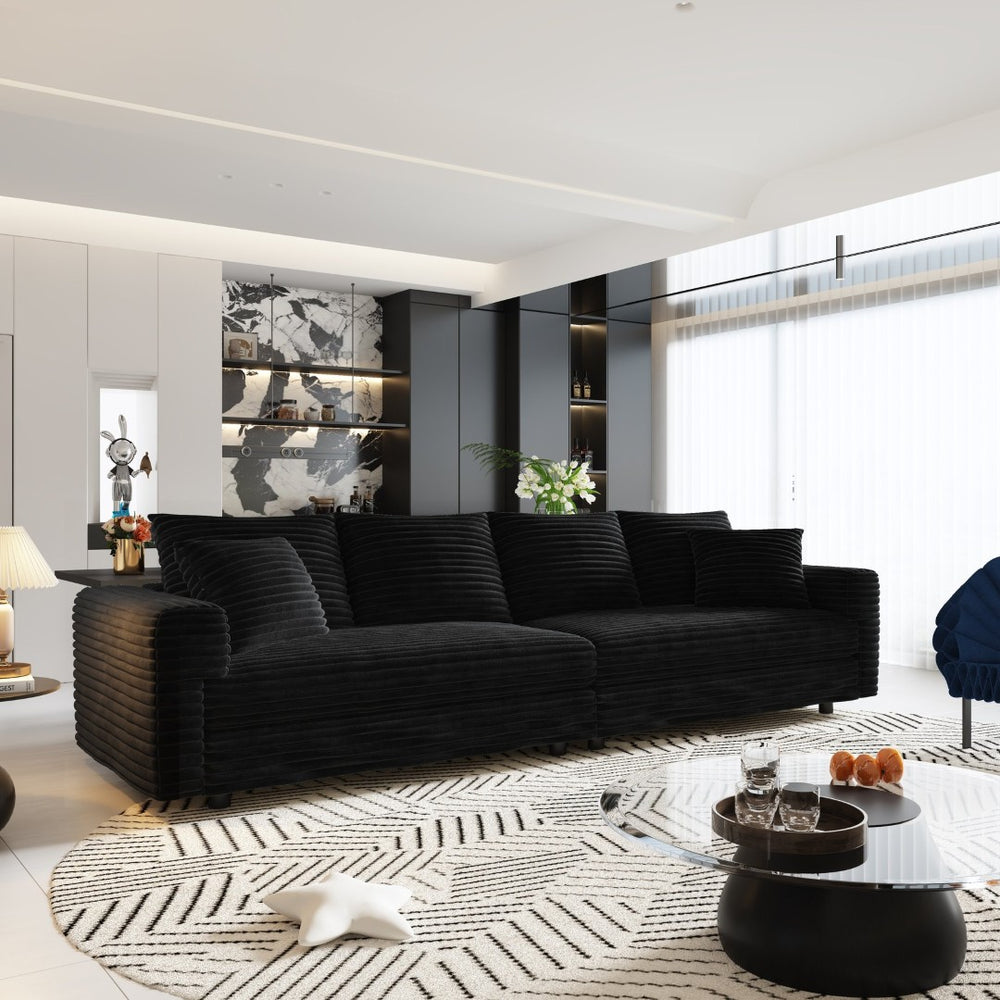 English Elm 102.4 Plush Corduroy Cloud Sofa Seats Four with Movable Ottoman for Living Room Black W1885S00463