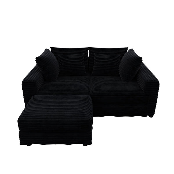 English Elm 102.4 Plush Corduroy Cloud Sofa Seats Four with Movable Ottoman for Living Room Black W1885S00463