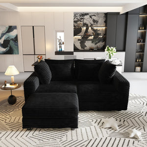 English Elm 102.4 Plush Corduroy Cloud Sofa Seats Four with Movable Ottoman for Living Room Black W1885S00463