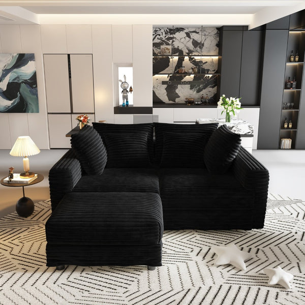 English Elm 102.4 Plush Corduroy Cloud Sofa Seats Four with Movable Ottoman for Living Room Black W1885S00463