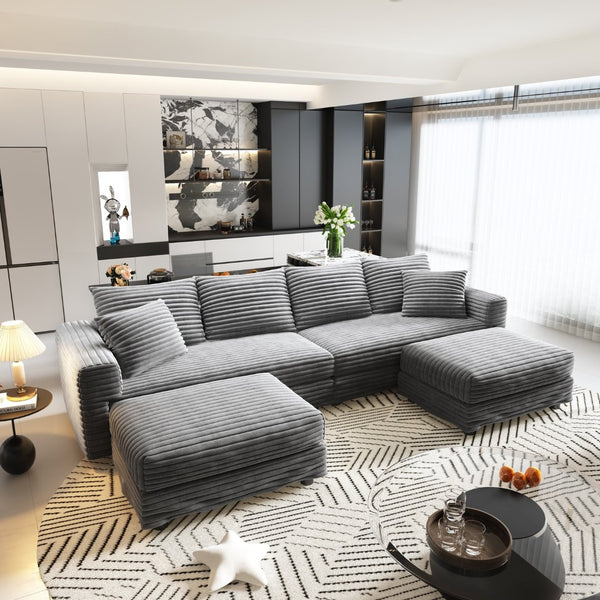 English Elm 102.4 Plush Corduroy Cloud Sofa Deep Seat Convertible 4-Seater with Ottomans Grey W1885S00465
