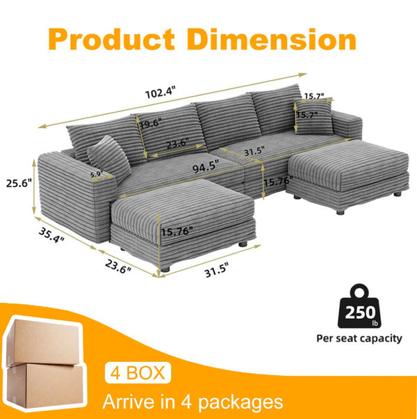 English Elm 102.4 Plush Corduroy Cloud Sofa Deep Seat Convertible 4-Seater with Ottomans Grey W1885S00465