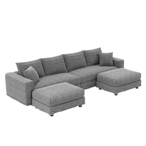 English Elm 102.4 Plush Corduroy Cloud Sofa Deep Seat Convertible 4-Seater with Ottomans Grey W1885S00465