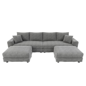 English Elm 102.4 Plush Corduroy Cloud Sofa Deep Seat Convertible 4-Seater with Ottomans Grey W1885S00465