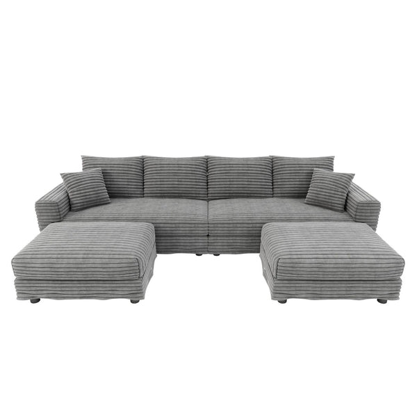 English Elm 102.4 Plush Corduroy Cloud Sofa Deep Seat Convertible 4-Seater with Ottomans Grey W1885S00465