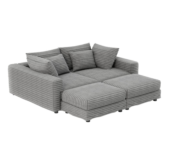 English Elm 102.4 Plush Corduroy Cloud Sofa Deep Seat Convertible 4-Seater with Ottomans Grey W1885S00465