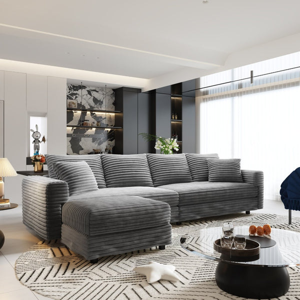 English Elm 102.4 Plush Corduroy Cloud Sofa Deep Seat Convertible 4-Seater with Ottomans Grey W1885S00465