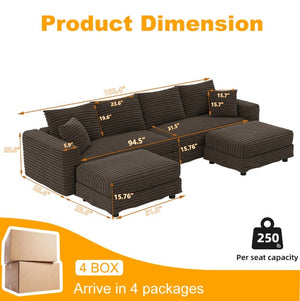 English Elm 102.4 Inch Plush Corduroy Four Seat Cloud Sofa with Convertible Ottomans for Living Room W1885S00466