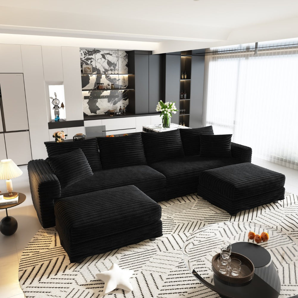 English Elm 102.4 Plush Corduroy Cloud Sofa Deep Seat Convertible 4-Seater with Ottomans Black W1885S00468
