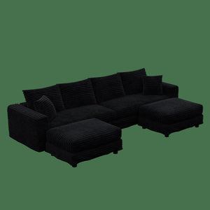 English Elm 102.4 Plush Corduroy Cloud Sofa Deep Seat Convertible 4-Seater with Ottomans Black W1885S00468