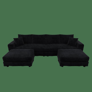 English Elm 102.4 Plush Corduroy Cloud Sofa Deep Seat Convertible 4-Seater with Ottomans Black W1885S00468