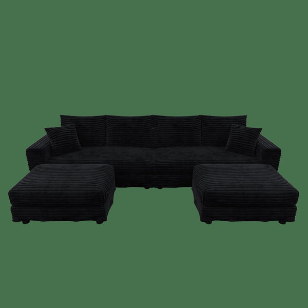 English Elm 102.4 Plush Corduroy Cloud Sofa Deep Seat Convertible 4-Seater with Ottomans Black W1885S00468