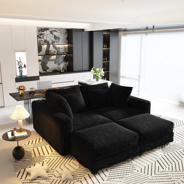 English Elm 102.4 Plush Corduroy Cloud Sofa Deep Seat Convertible 4-Seater with Ottomans Black W1885S00468