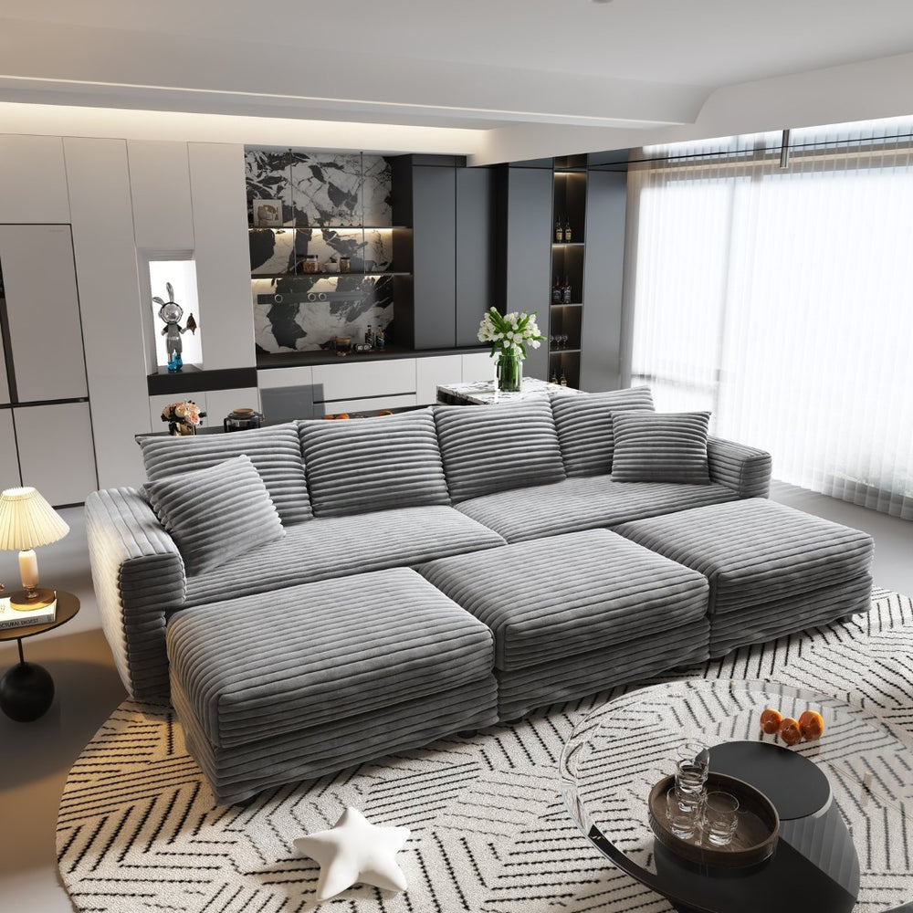 English Elm 102.4 Inch Corduroy Cloud Sofa with Three Ottomans Deep Seat Plush Living Room Couch Grey W1885S00470