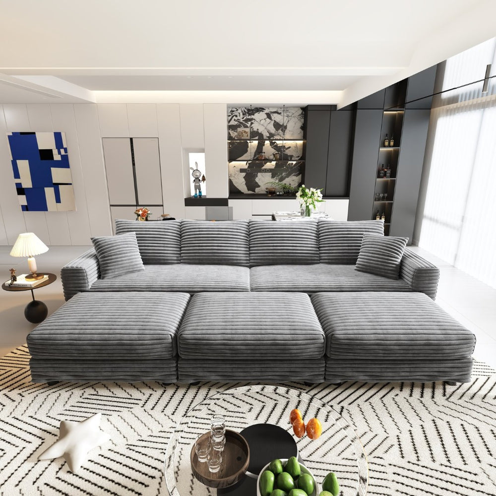 English Elm 102.4 Inch Corduroy Cloud Sofa with Three Ottomans Deep Seat Plush Living Room Couch Grey W1885S00470