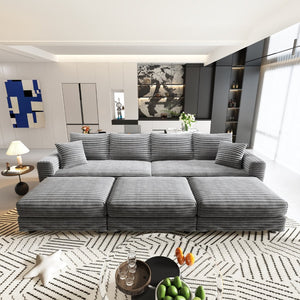 English Elm 102.4 Inch Corduroy Cloud Sofa with Three Ottomans Deep Seat Plush Living Room Couch Grey W1885S00470