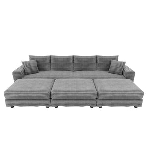 English Elm 102.4 Inch Corduroy Cloud Sofa with Three Ottomans Deep Seat Plush Living Room Couch Grey W1885S00470