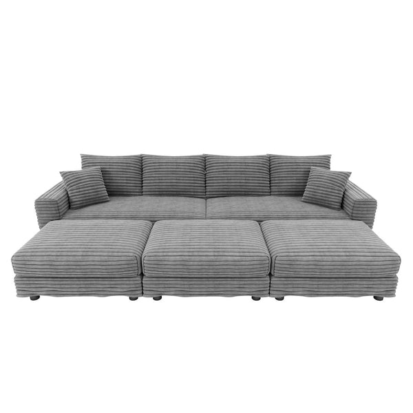 English Elm 102.4 Inch Corduroy Cloud Sofa with Three Ottomans Deep Seat Plush Living Room Couch Grey W1885S00470