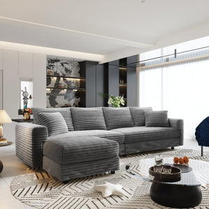 English Elm 102.4 Inch Corduroy Cloud Sofa with Three Ottomans Deep Seat Plush Living Room Couch Grey W1885S00470