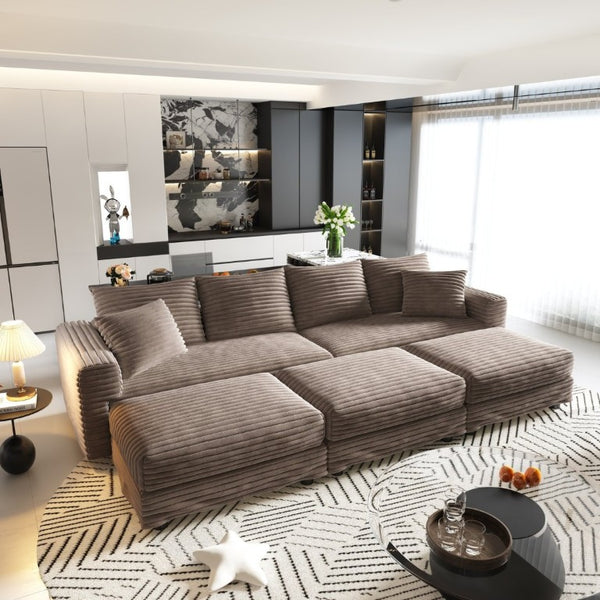 English Elm 102.4 Inch Plush Corduroy Cloud Sofa with Deep Seats Three Ottomans and Convertible Lounging W1885S00471