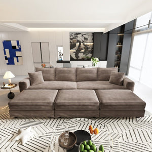 English Elm 102.4 Inch Plush Corduroy Cloud Sofa with Deep Seats Three Ottomans and Convertible Lounging W1885S00471