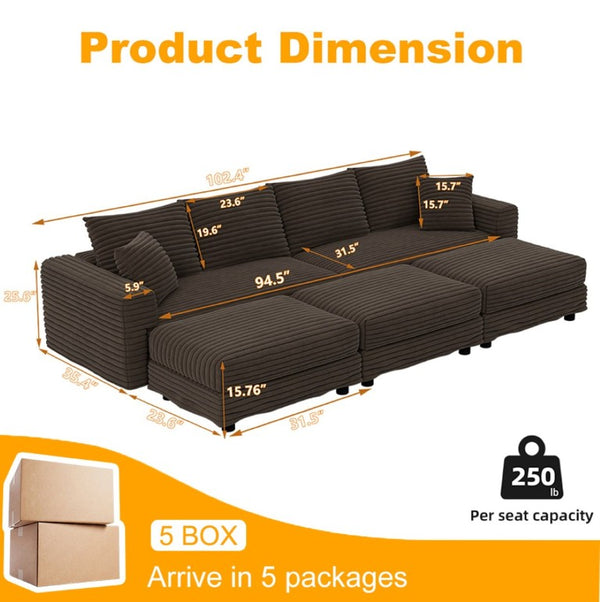 English Elm 102.4 Inch Plush Corduroy Cloud Sofa with Deep Seats Three Ottomans and Convertible Lounging W1885S00471