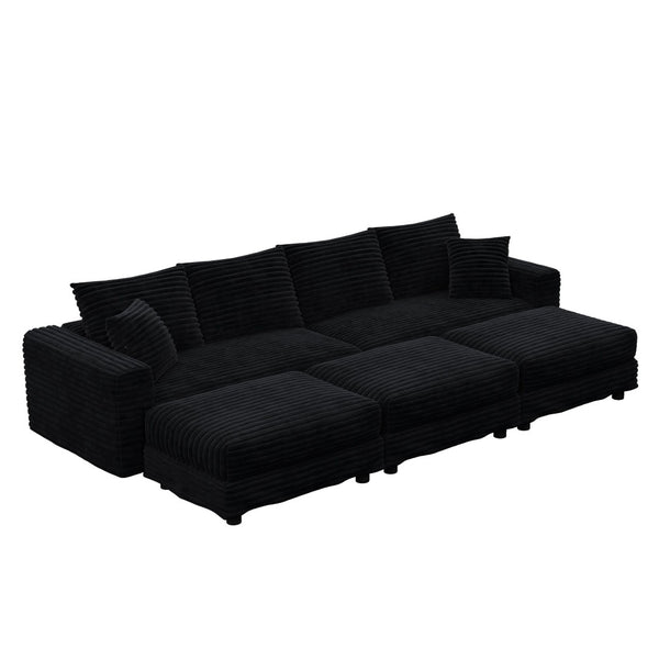 English Elm 102.4 Inch Corduroy Cloud Sofa with Three Ottomans Deep Seat Plush Living Room Couch Black W1885S00473