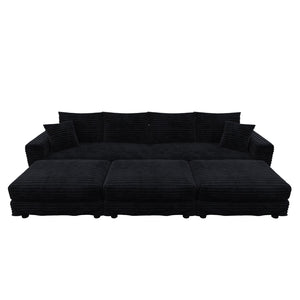 English Elm 102.4 Inch Corduroy Cloud Sofa with Three Ottomans Deep Seat Plush Living Room Couch Black W1885S00473