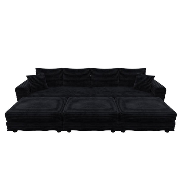 English Elm 102.4 Inch Corduroy Cloud Sofa with Three Ottomans Deep Seat Plush Living Room Couch Black W1885S00473