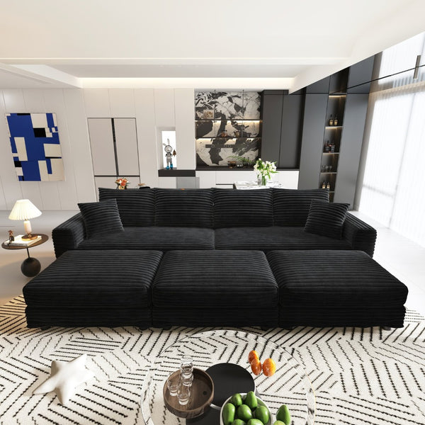 English Elm 102.4 Inch Corduroy Cloud Sofa with Three Ottomans Deep Seat Plush Living Room Couch Black W1885S00473