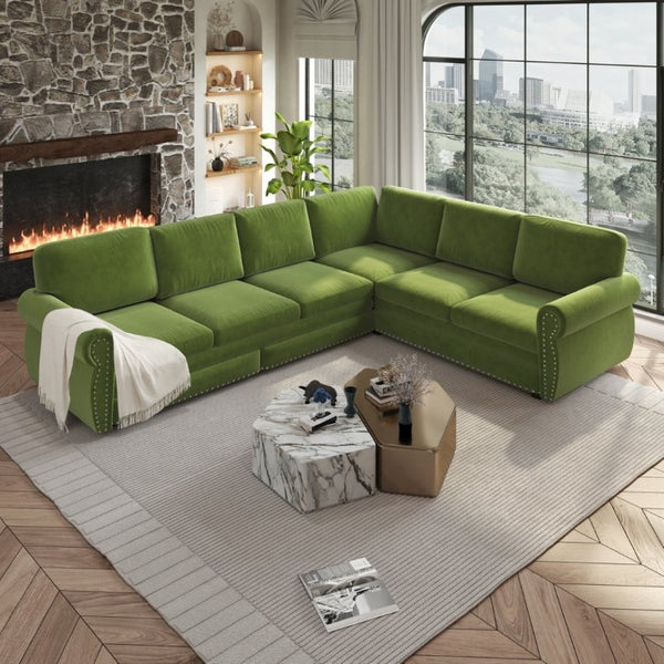 English Elm 118 Inch Chenille Sleeper Sectional with Nailhead Trim Six Seat L-Shaped Living Room Sofa W1885S00477