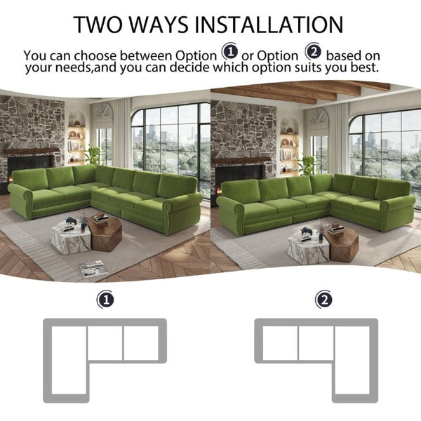 English Elm 118 Inch Chenille Sleeper Sectional with Nailhead Trim Six Seat L-Shaped Living Room Sofa W1885S00477
