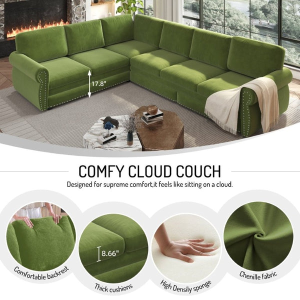 English Elm 118 Inch Chenille Sleeper Sectional with Nailhead Trim Six Seat L-Shaped Living Room Sofa W1885S00477
