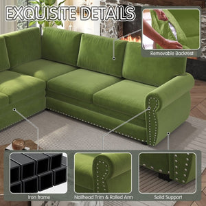 English Elm 118 Inch Chenille Sleeper Sectional with Nailhead Trim Six Seat L-Shaped Living Room Sofa W1885S00477
