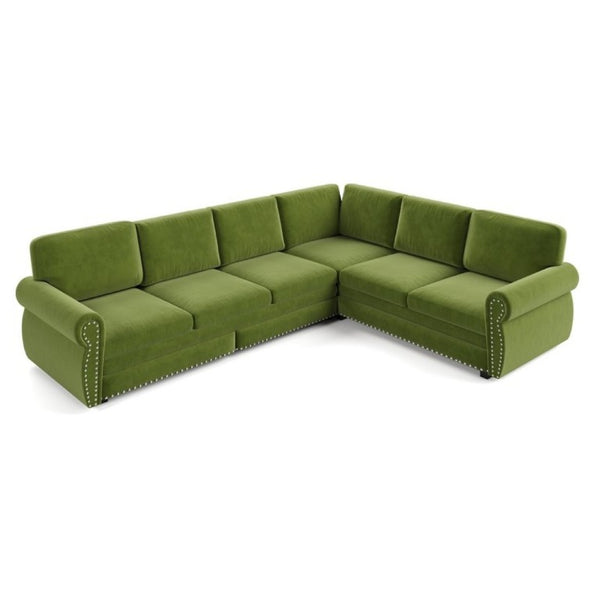 English Elm 118 Inch Chenille Sleeper Sectional with Nailhead Trim Six Seat L-Shaped Living Room Sofa W1885S00477
