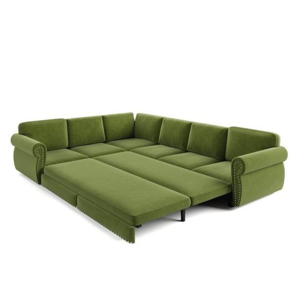English Elm 118 Inch Chenille Sleeper Sectional with Nailhead Trim Six Seat L-Shaped Living Room Sofa W1885S00477