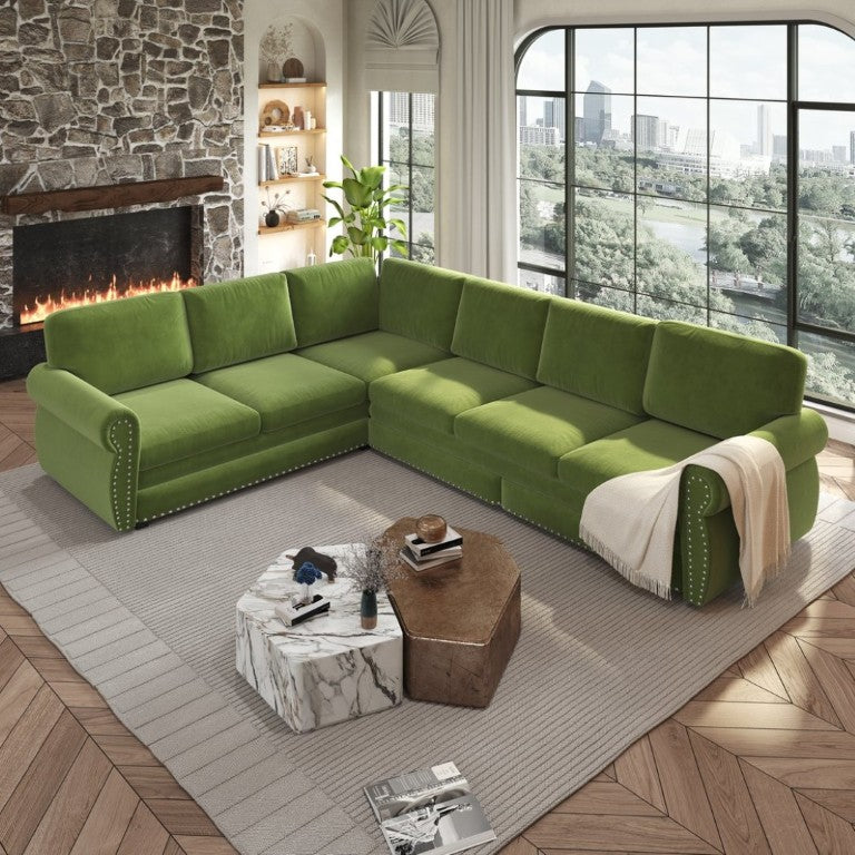 English Elm 118 Inch Chenille Sleeper Sectional with Nailhead Trim Six Seat L-Shaped Living Room Sofa W1885S00477