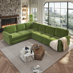 English Elm 118 Inch Chenille Sleeper Sectional with Nailhead Trim Six Seat L-Shaped Living Room Sofa W1885S00477