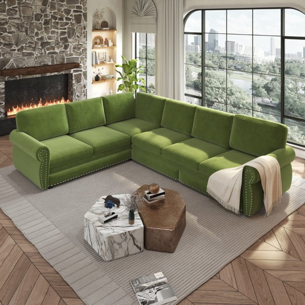 English Elm 118 Inch Chenille Sleeper Sectional with Nailhead Trim Six Seat L-Shaped Living Room Sofa W1885S00477