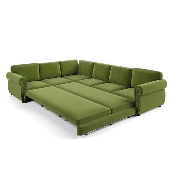 English Elm 118 Inch Chenille Sleeper Sectional with Nailhead Trim Six Seat L-Shaped Living Room Sofa W1885S00477
