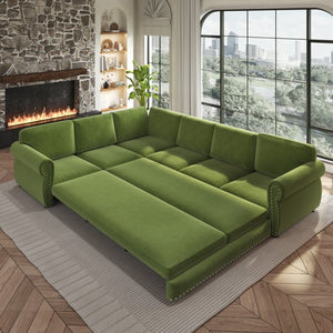English Elm 118 Inch Chenille Sleeper Sectional with Nailhead Trim Six Seat L-Shaped Living Room Sofa W1885S00477