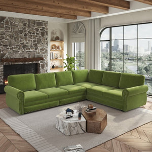 English Elm 118 Inch Chenille Sleeper Sectional with Nailhead Trim Six Seat L-Shaped Living Room Sofa W1885S00477