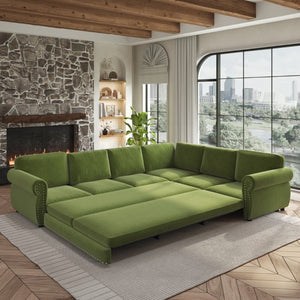English Elm 118 Inch Chenille Sleeper Sectional with Nailhead Trim Six Seat L-Shaped Living Room Sofa W1885S00477